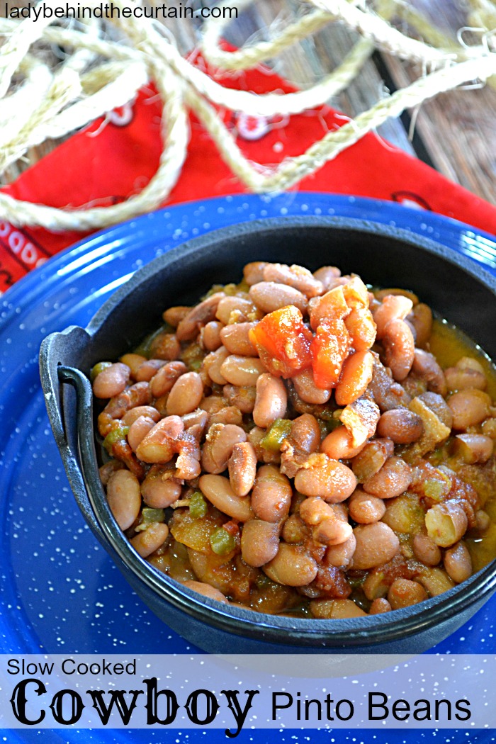 Slow Cooked Cowboy Pinto Beans| backyard barbecue recipe, easy recipe summer bean recipe, potluck recipe, cowboy recipe