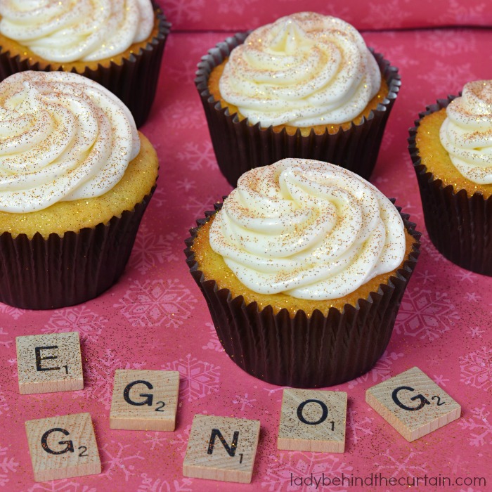 Fluffy Eggnog Cupcakes topped with a rich eggnog cream cheese frosting. 