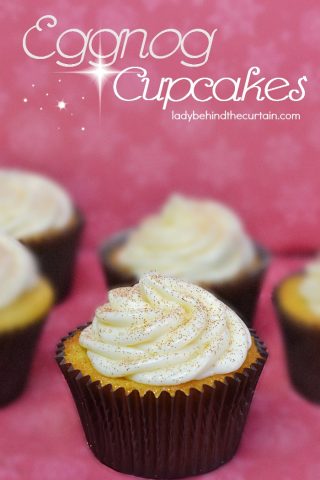 Fluffy Eggnog Cupcakes topped with a rich eggnog cream cheese frosting.