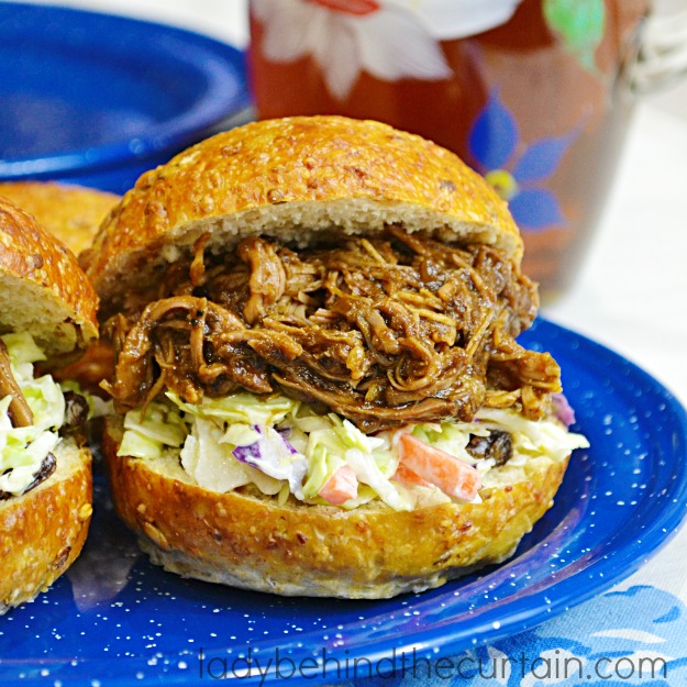 These Sweet and Sour Pulled Pork Sandwiches have a savory flavor from the barbecue sauce but the addition of the sweet coleslaw really makes this sandwich standout!