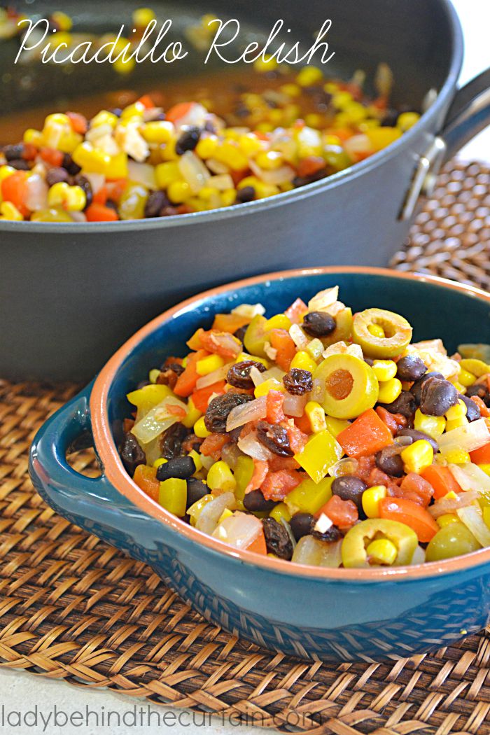 Picadillo Relish: A touch of sweet from the raisins and corn and then salty from the olives with a little kick from the crushed red pepper.