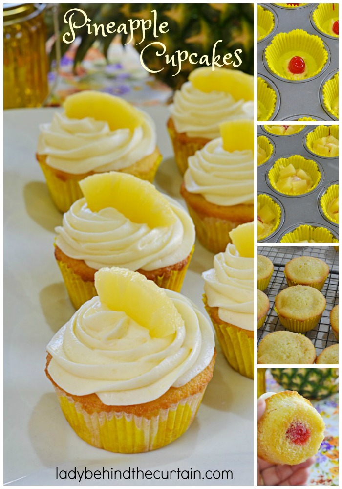 Pineapple Cupcakes | A layer of pineapple tucked in the middle with a cherry surprise at the bottom all topped with a cream cheese frosting.