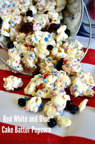 Red White and Blue Cake Batter Popcorn - Lady Behind The Curtain