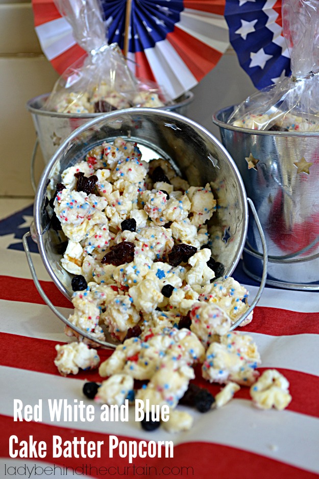 Red White and Blue Cake Batter Popcorn - Lady Behind The Curtain