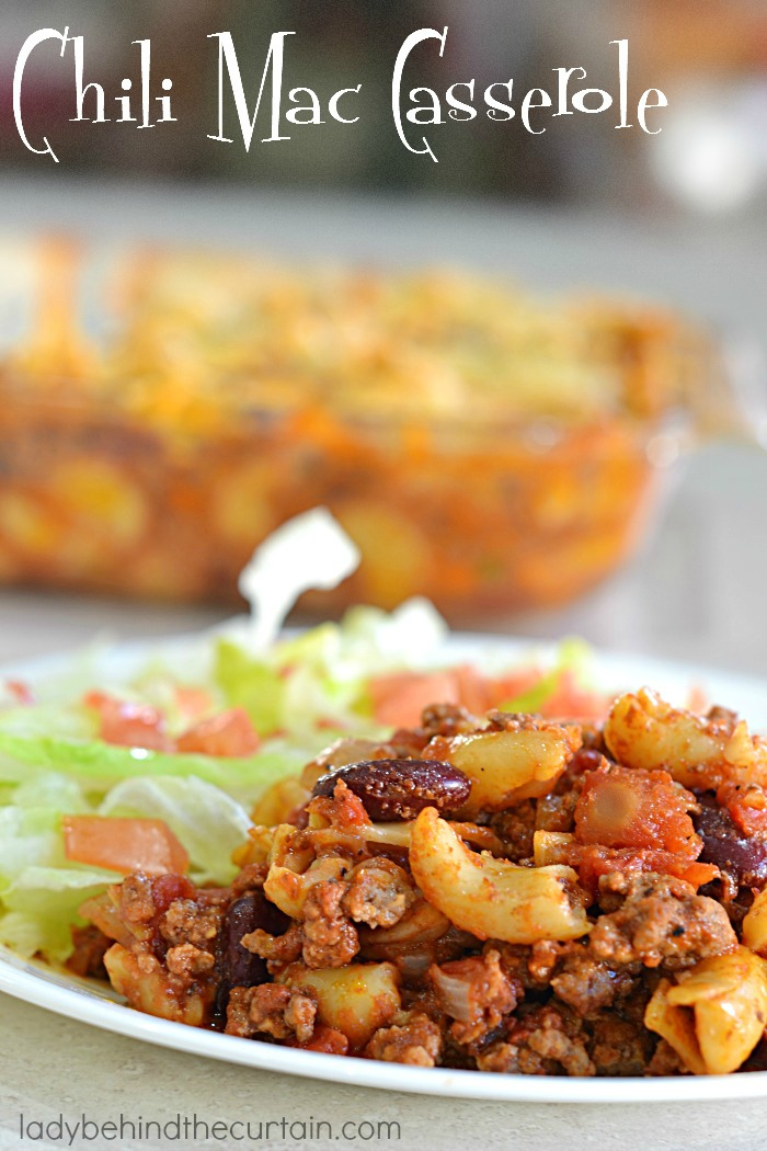 Chili Mac Casserole | This hearty casserole is packed with protein with a little splurge of pasta and cheese.