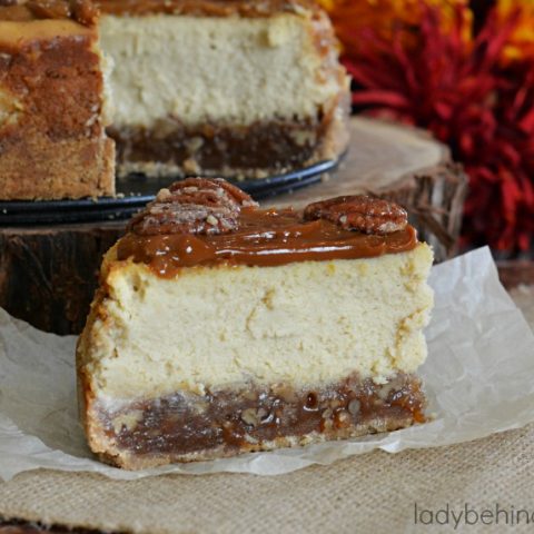 Pecan Pie Cheesecake | A layer of pecan pie filling with a creamy cheesecake center topped with caramel and sugared pecans.