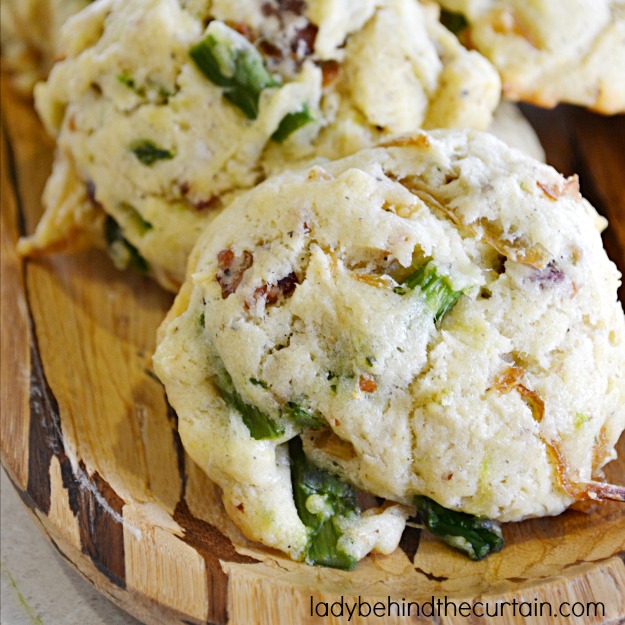 Caramelized Onion, Bacon and Asparagus Drop Biscuits - Lady Behind The Curtain