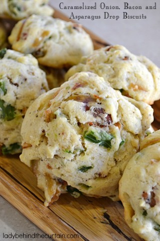 Caramelized Onion, Bacon and Asparagus Drop Biscuits - Lady Behind The Curtain