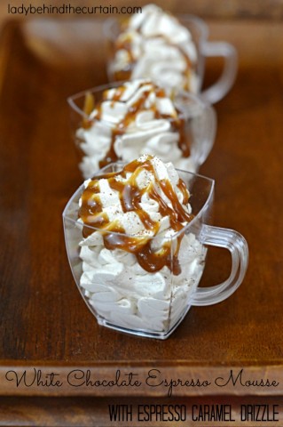 White Chocolate Espresso Mousse with Easy Espresso Caramel Drizzle - Lady Behind The Curtain