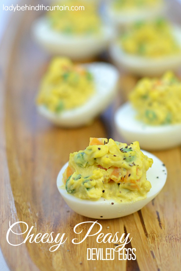 Cheesy Peasy Deviled Eggs - Lady Behind The Curtain