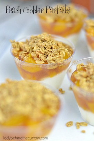 Creamy vanilla yogurt with thick peach cobbler filling and topped with granola. The perfect way to start your morning.