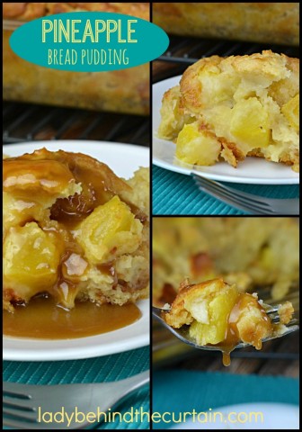 This Pineapple Bread Pudding is a little piece of Hawaiian sunshine. This moist bread pudding is filled with chunks of fresh pineapple and drizzled with my Easy Caramel Sauce.