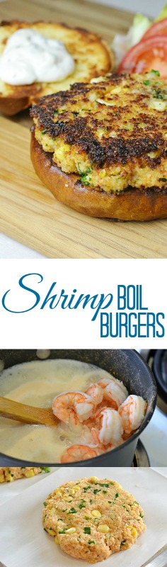 Shrimp Boil Burgers:  A tender burger made with succulent shrimp boiled in beer, ground up and added to your favorite shrimp boil ingredients.