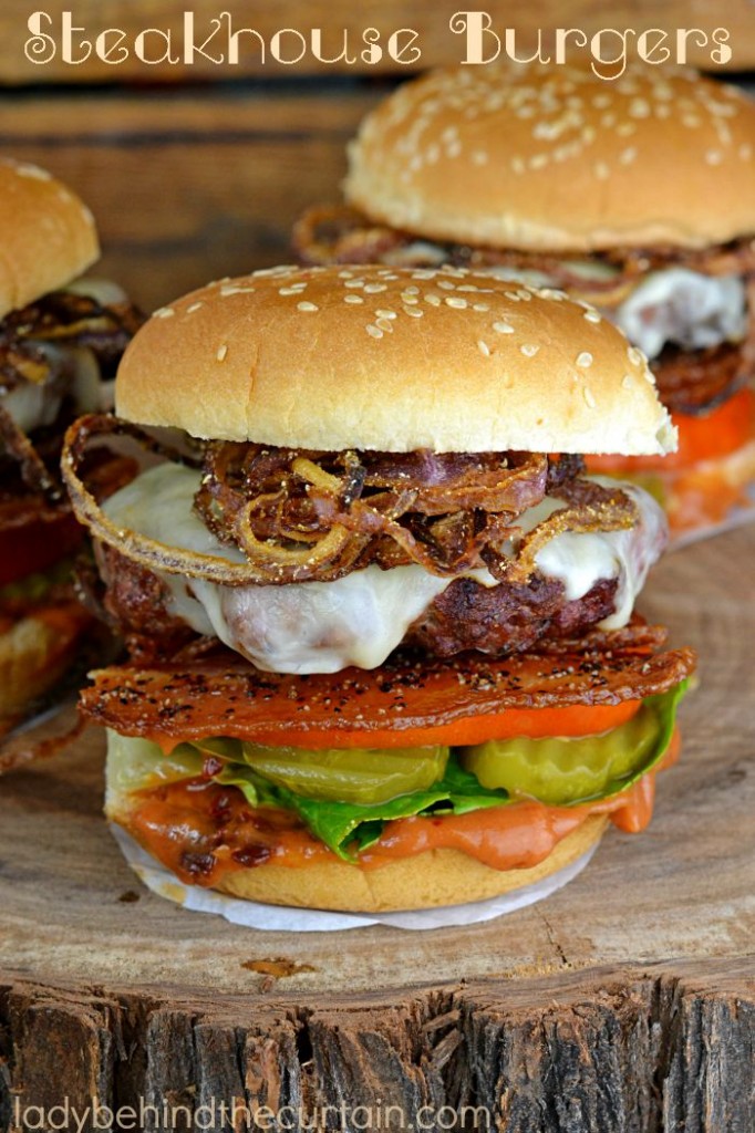 This Steakhouse Burger is packed with layers of flavor.  Chipotle ketchup, melted jack cheese, Peppered Bacon and fried onion straws.