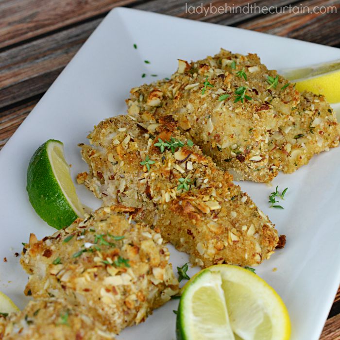 Almond Crusted Cod | A moist and tender fish full of flavor with beer, almonds, bread crumbs and fresh thyme.