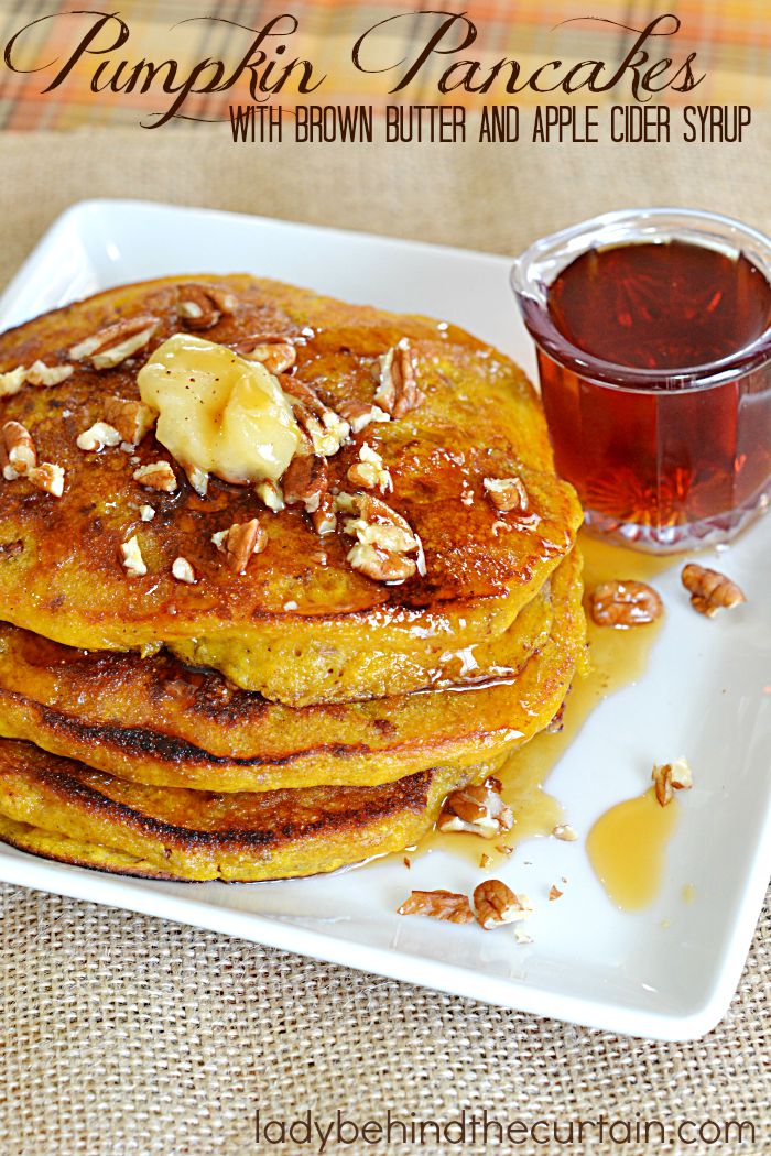 Pumpkin Pancakes with Brown Butter and Apple Cider Syrup | With ingredients like buttermilk, pecans and flaxseeds you know this recipe is a winner!