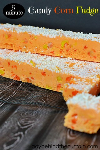 5 Minute Candy Corn Fudge | With chunks of soft and chewy marshmallow candy corn sprinkled throughout this fudge you couldn't ask for a better fudge to give out to friends.