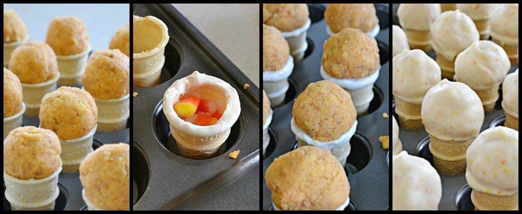 Mini Candy Corn Pinata Cake Pop Cones | Two treats in one! A delicious candy corn cake pop on top and candy corn on the inside!