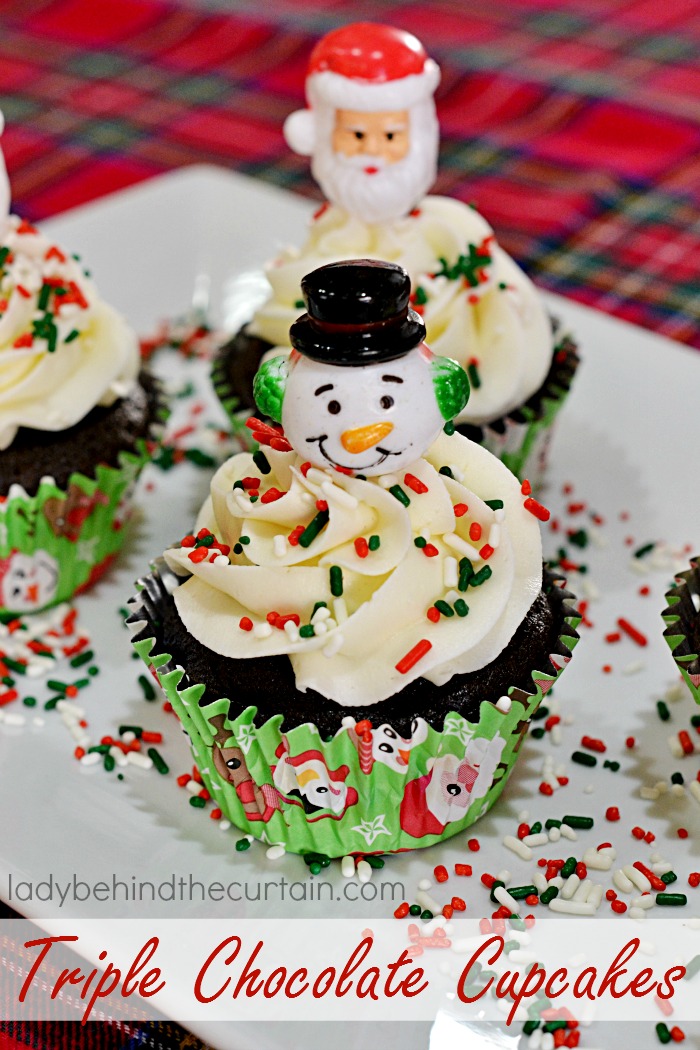 Triple Chocolate Cupcakes | Dark chocolate batter filled with dark chocolate chips and topped with a creamy white chocolate frosting.