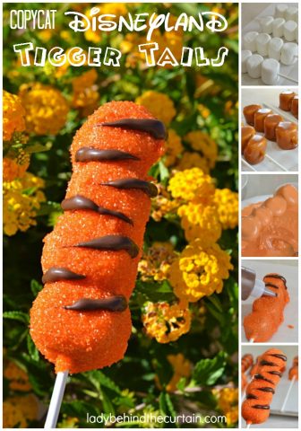 Copycat Disneyland Tigger Tails | Four large marshmallow stacked together, dipped in caramel, melted candy, sprinkled with orange sugar and a drizzle of dark chocolate.