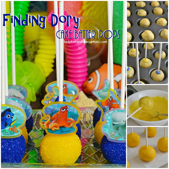 Finding Dory Cake Batter Pops | This 4 ingredient treat is full of fun and makes a sweet party favor or is also perfect on your birthday party table. The best part? These are NO BAKE pops! That's right all you do is add melted butter to a cake mix!