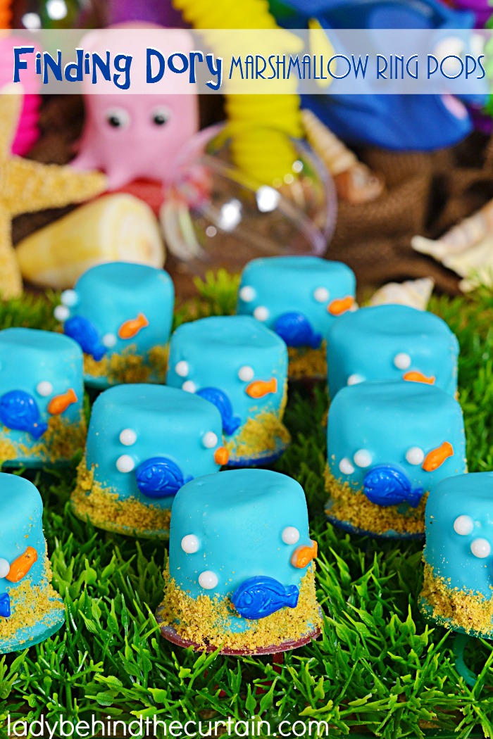 Finding Dory Marshmallow Ring Pops | Recycle your ring pops into marshmallow pops for your kids birthday party!