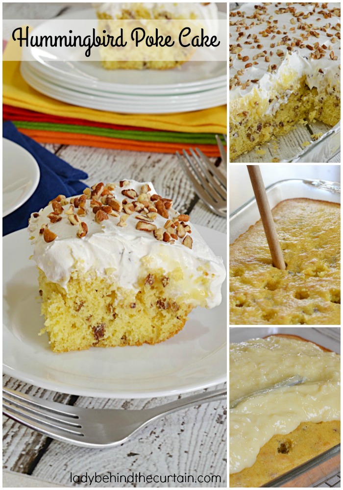 Hummingbird Poke Cake | The perfect potluck cake! Full of pecan, pineapple and banana flavor.