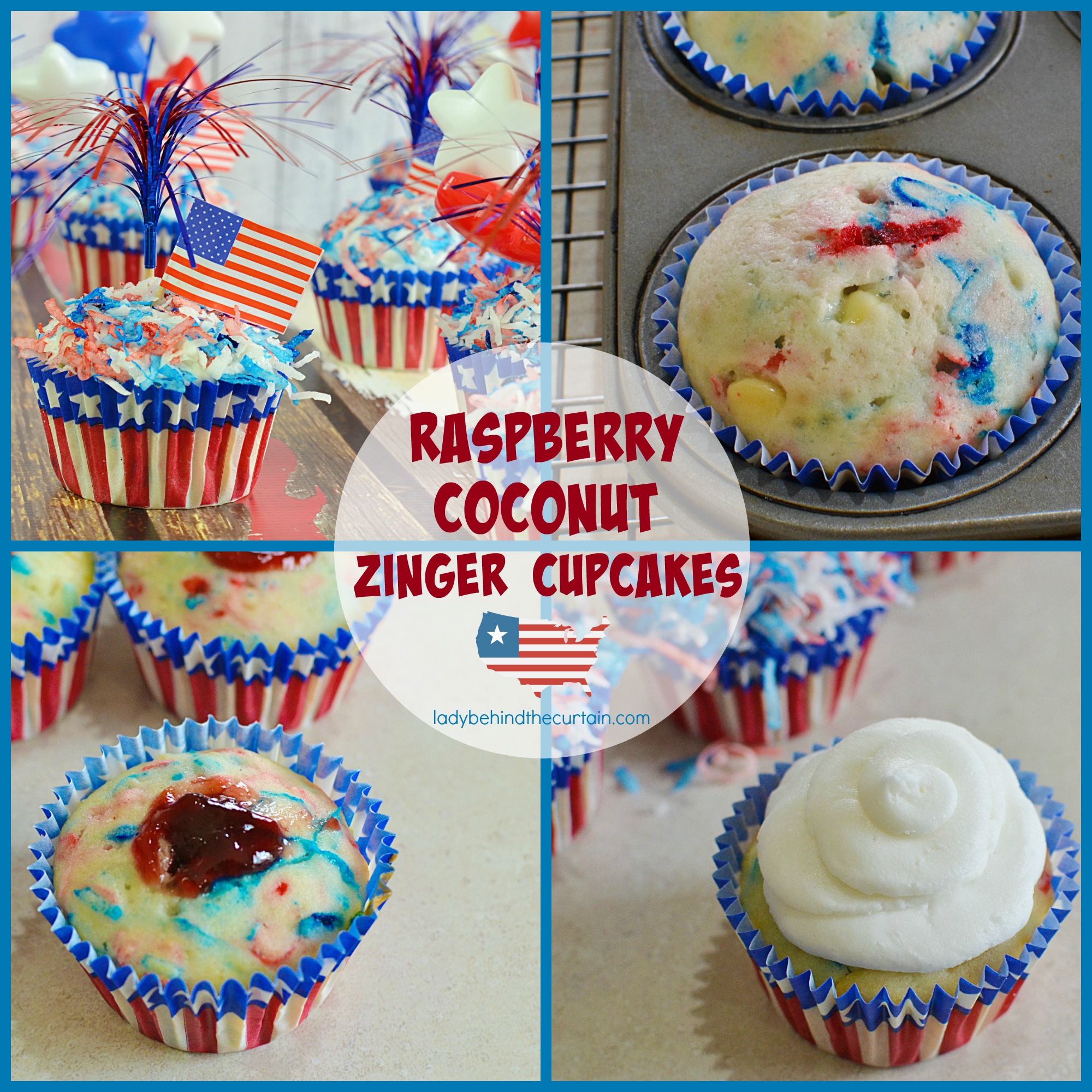 Raspberry Coconut Zinger Cupcakes | These delicious cupcakes have a mixture of coconut and white chocolate chips and a hidden raspberry treasure.
