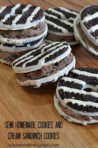 Semi Homemade Cookies and Cream Sandwich Cookies | Add a cheesecake filling between two store bought cookies and what do you get? A delicious party cookie that your guests will never know started with a store bought cookie!
