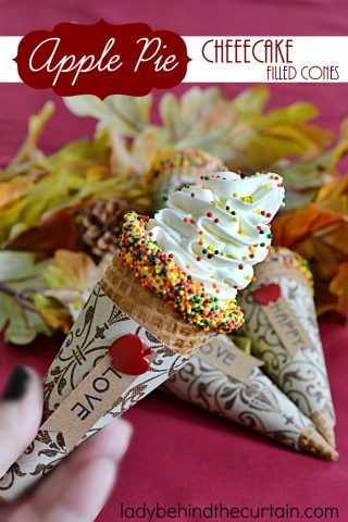 Apple Pie Cheesecake Filled Cones | These fun cones are filled with delicious fluffy cheesecake and little pockets of apple pie filling. A fun and easy way to serve your guests no bake cheesecake!