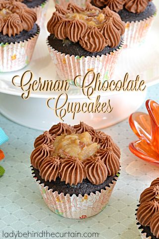 German Chocolate Cupcakes | A deep chocolate cupcake filled with the delicious coconut frosting that we all love along with a creamy butter chocolate frosting. The perfect chocolate cupcake!