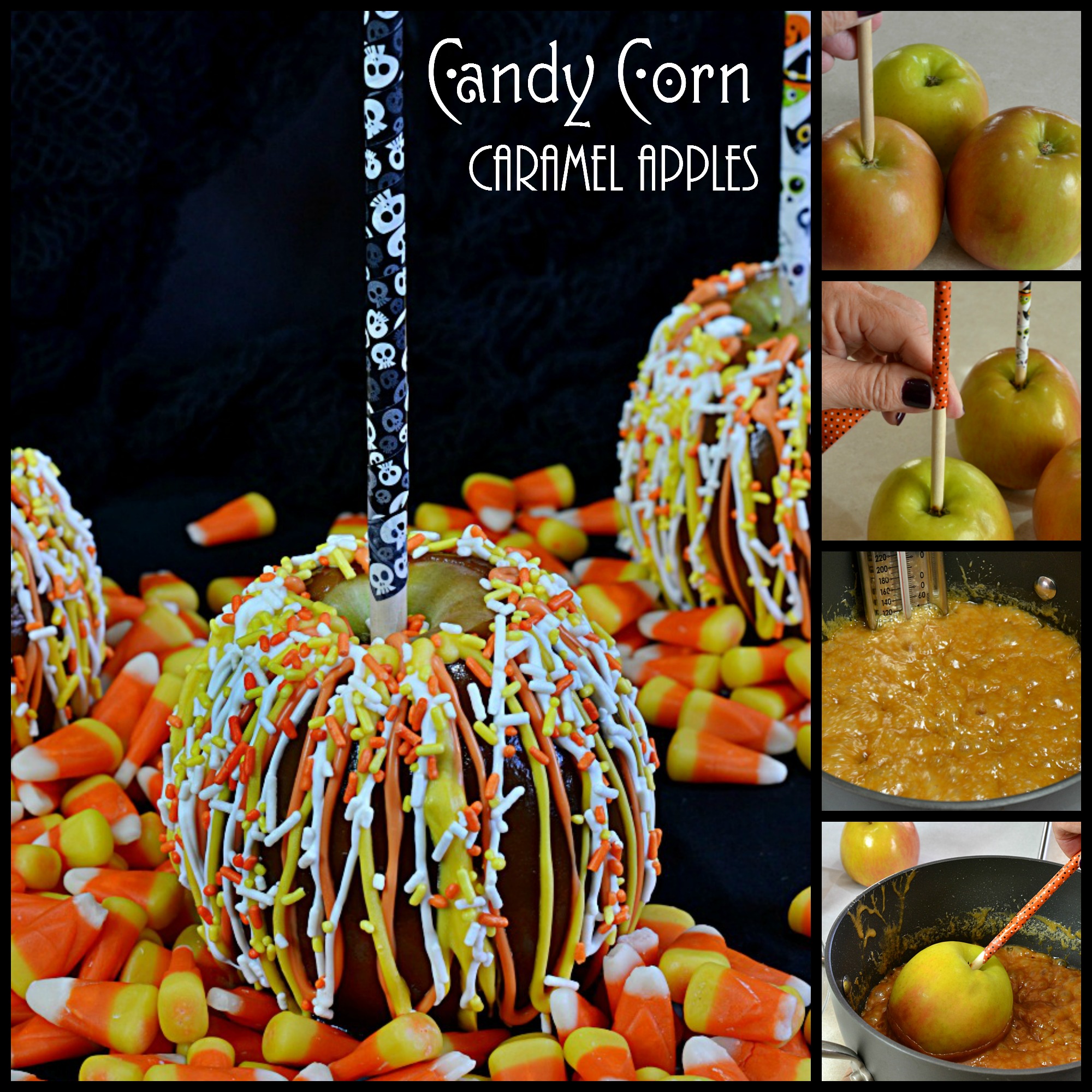 Candy Corn Caramel Apples | Your favorite apple dipped in easy to make caramel and drizzled with festive candy melts plus candy corn colored sprinkles! Perfect for your Halloween Party, Carnival or Fall Festival!