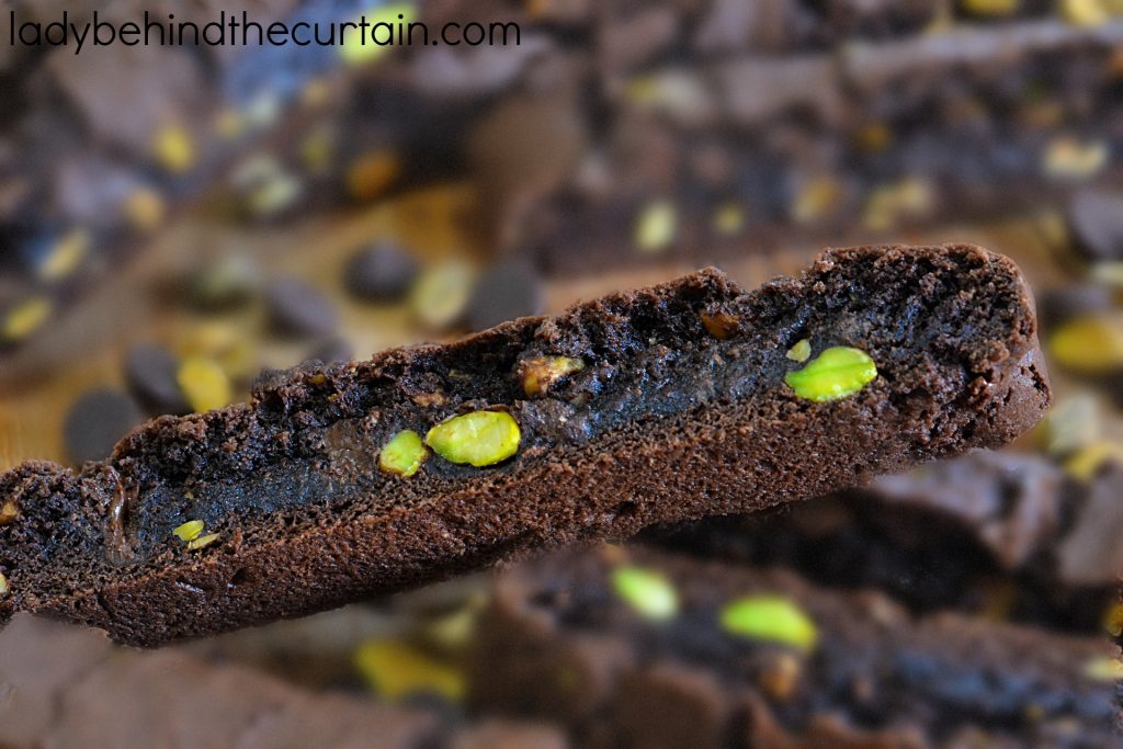 Chocolate Pistachio Biscotti | Softer than traditional biscotti, these are baked for a shorter time but deliver a rich chocolate flavor and are packed with delicious pistachio nuts.