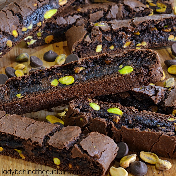 Chocolate Pistachio Biscotti | Softer than traditional biscotti, these are baked for a shorter time but deliver a rich chocolate flavor and are packed with delicious pistachio nuts.