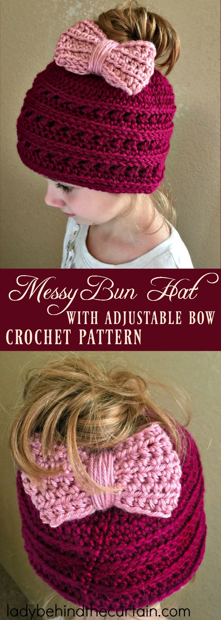 Messy Bun Hat with Adjustable Bow Crochet Pattern | easy crochet pattern, winter hat, messy bun fun