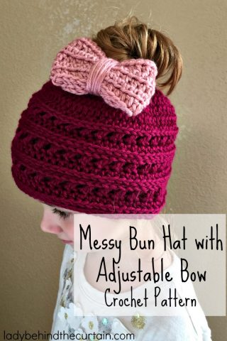 Messy Bun Hat with Adjustable Bow Crochet Pattern | easy crochet pattern, winter hat, messy bun fun