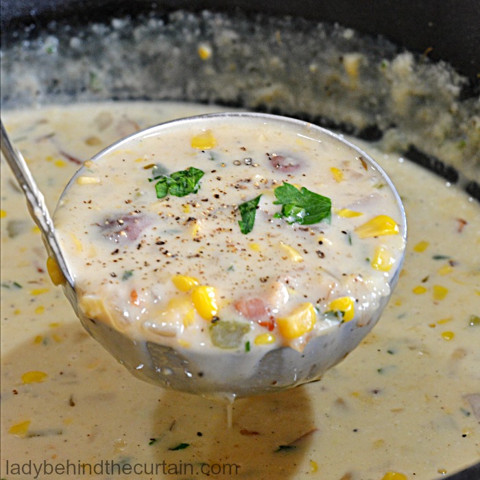 Corn Chowder Appetizer| baby shower appetizer, bridal shower appetizer, wedding reception appetizer, holiday appetizer, soup