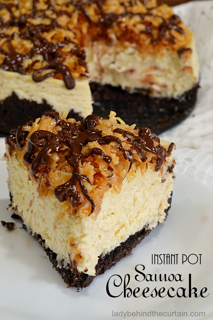 Instant Pot Samoa Cheesecake | Girl Scout Cookie Recipe, coconut dessert, easy cheesecake recipe, instant pot recipe