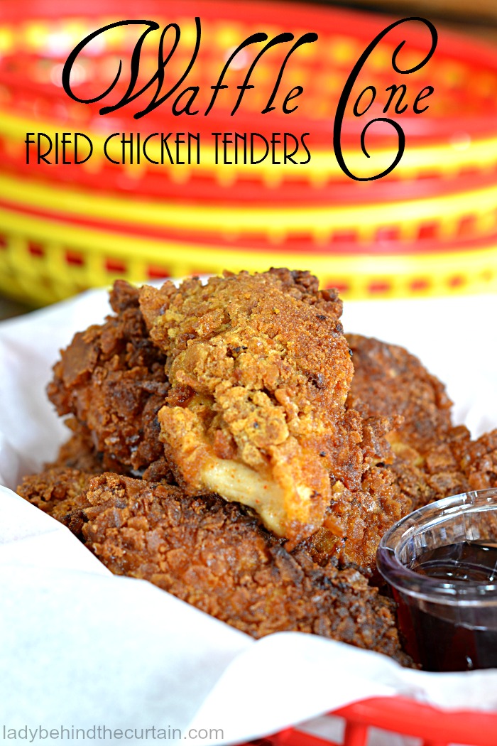 Waffle Cone Fried Chicken Tenders | carnival party food, fair party food, waffles, fried chicken recipe, easy summer recipe