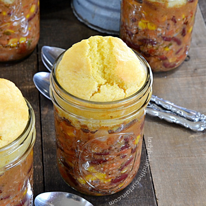 Game Day Cornbread Topped Chili in a Jar