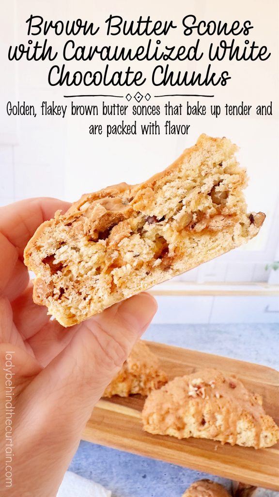 Indulge in Brown Butter Scones with Caramelized White Chocolate Chunks. Perfectly rich and flavorful for any time of day.