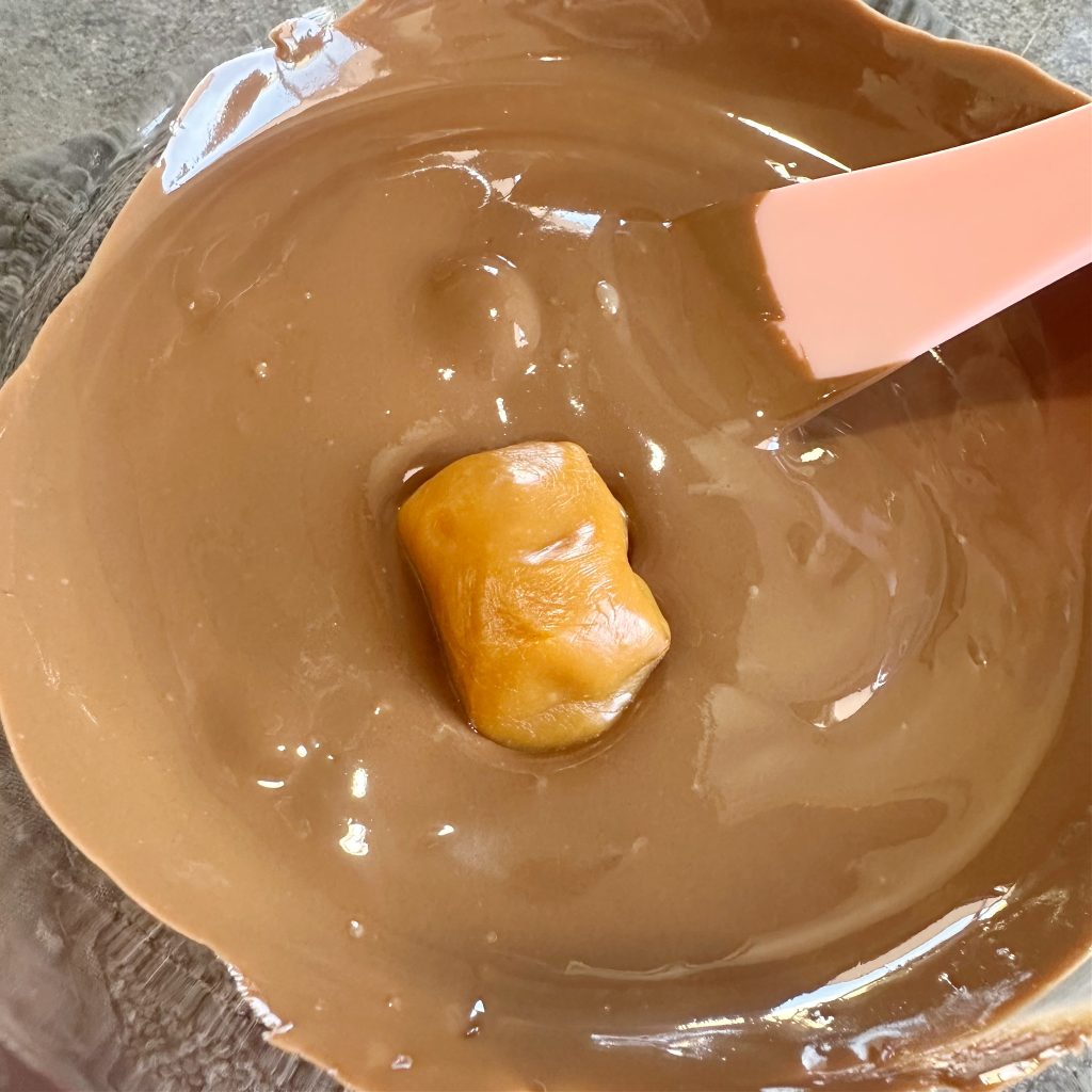 Peanut Butter Pretzel Caramel Candy Bar Bites Dipped in Milk Chocolate