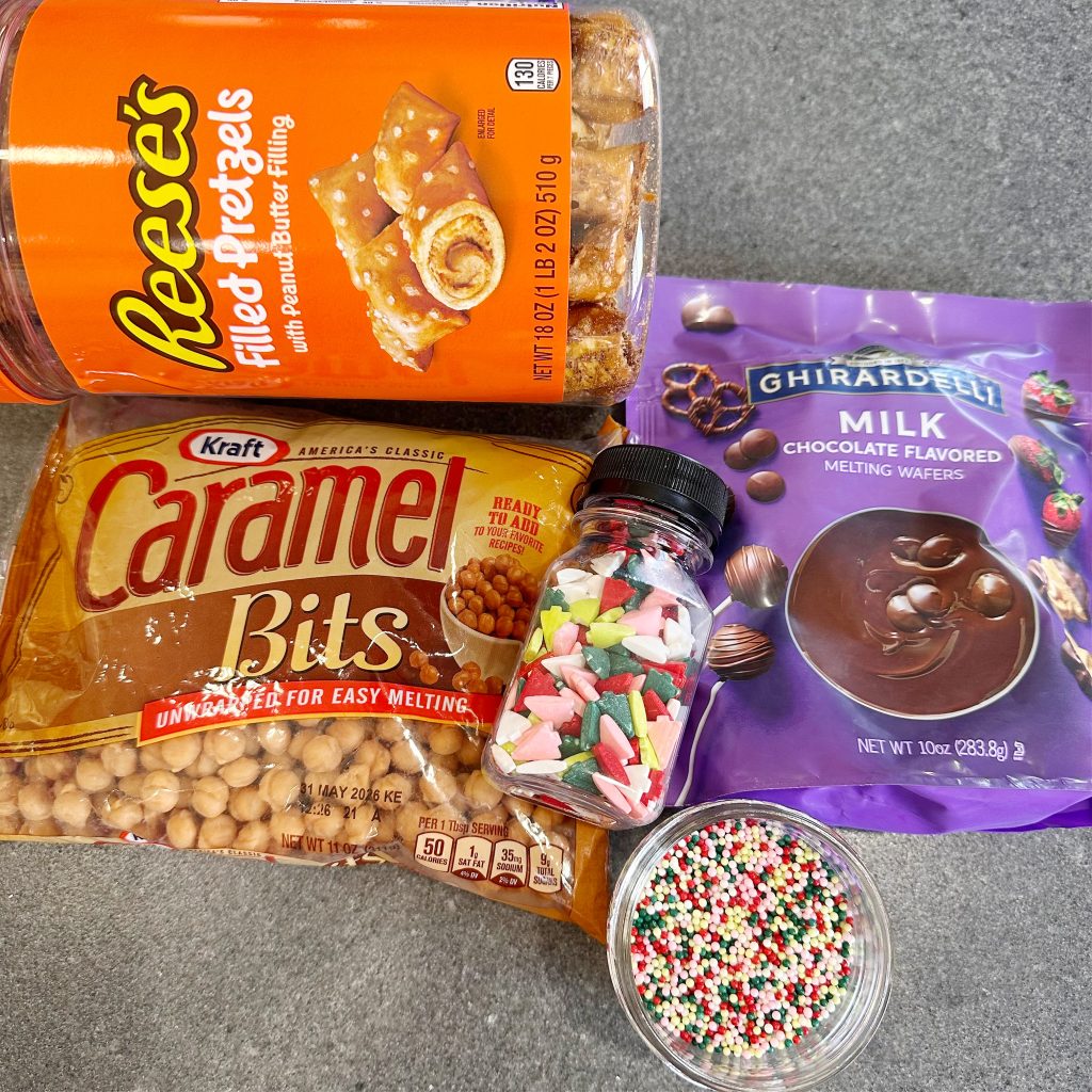 Peanut Butter Pretzel Caramel Candy Bar Bites Dipped in Milk Chocolate
