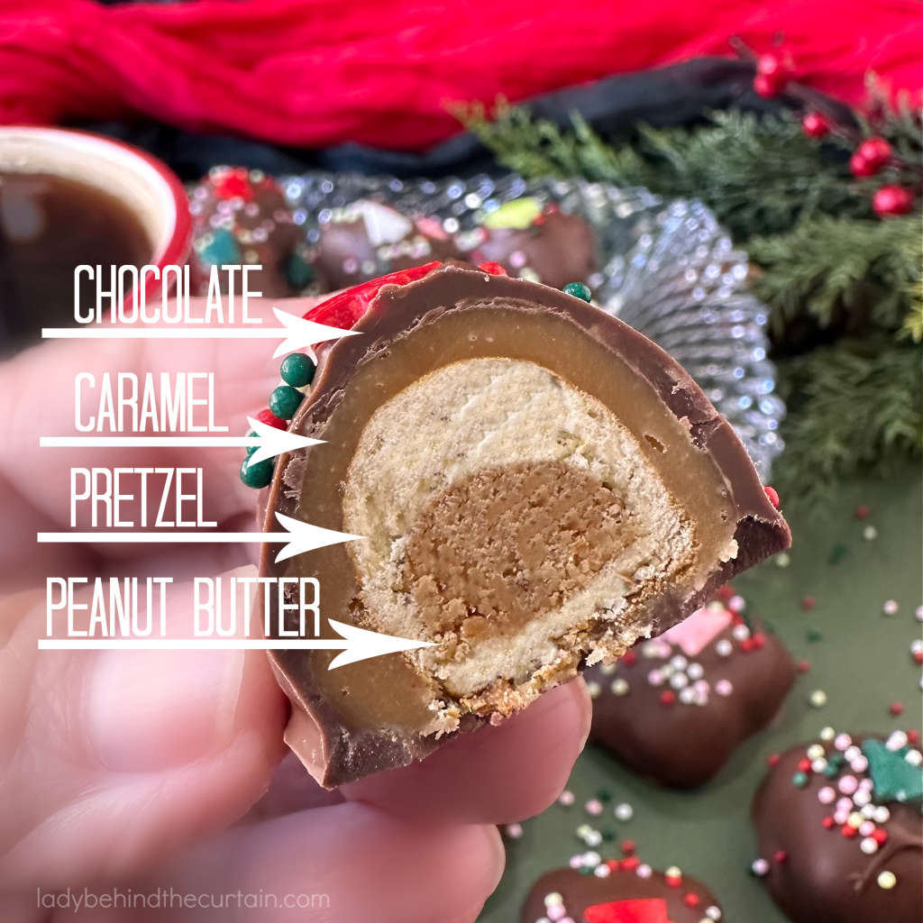 Peanut Butter Pretzel Caramel Candy Bar Bites Dipped in Milk Chocolate