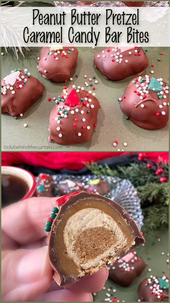 Peanut Butter Pretzel Caramel Candy Bar Bites Dipped in Milk Chocolate