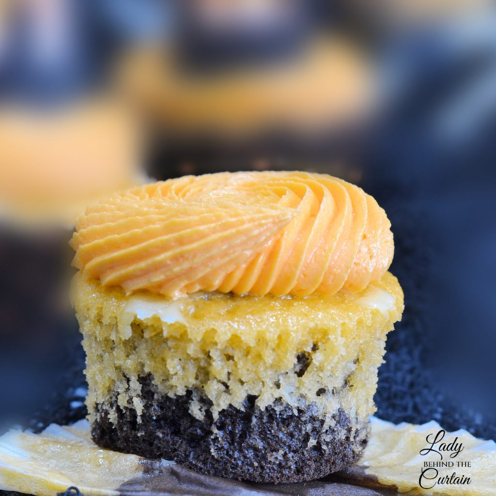 Layered Dark Chocolate Orange Cupcakes with Orange Buttercream Frosting