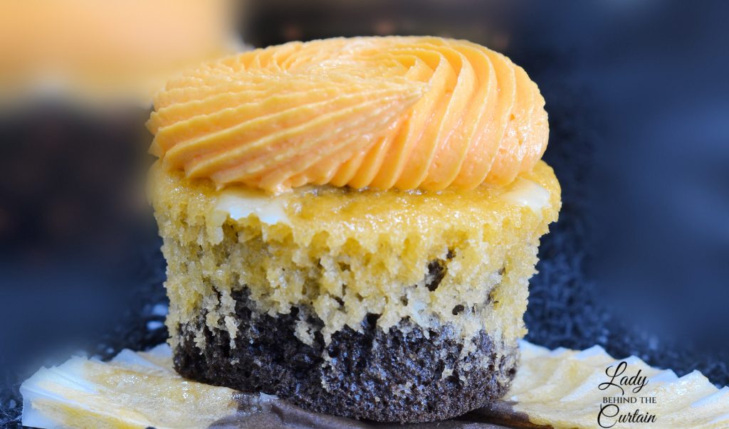 Layered Dark Chocolate Orange Cupcakes with Orange Buttercream Frosting