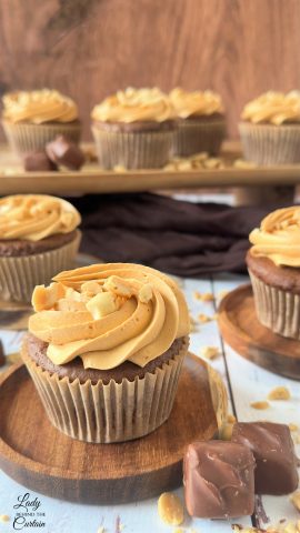 Snickers Cupcakes with Caramel Frosting and Peanuts